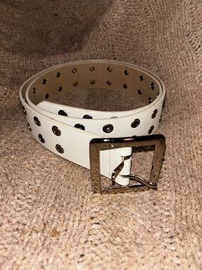 White Double Grommet Belt Silver Square Buckle Punk Edgy Fashion 40”